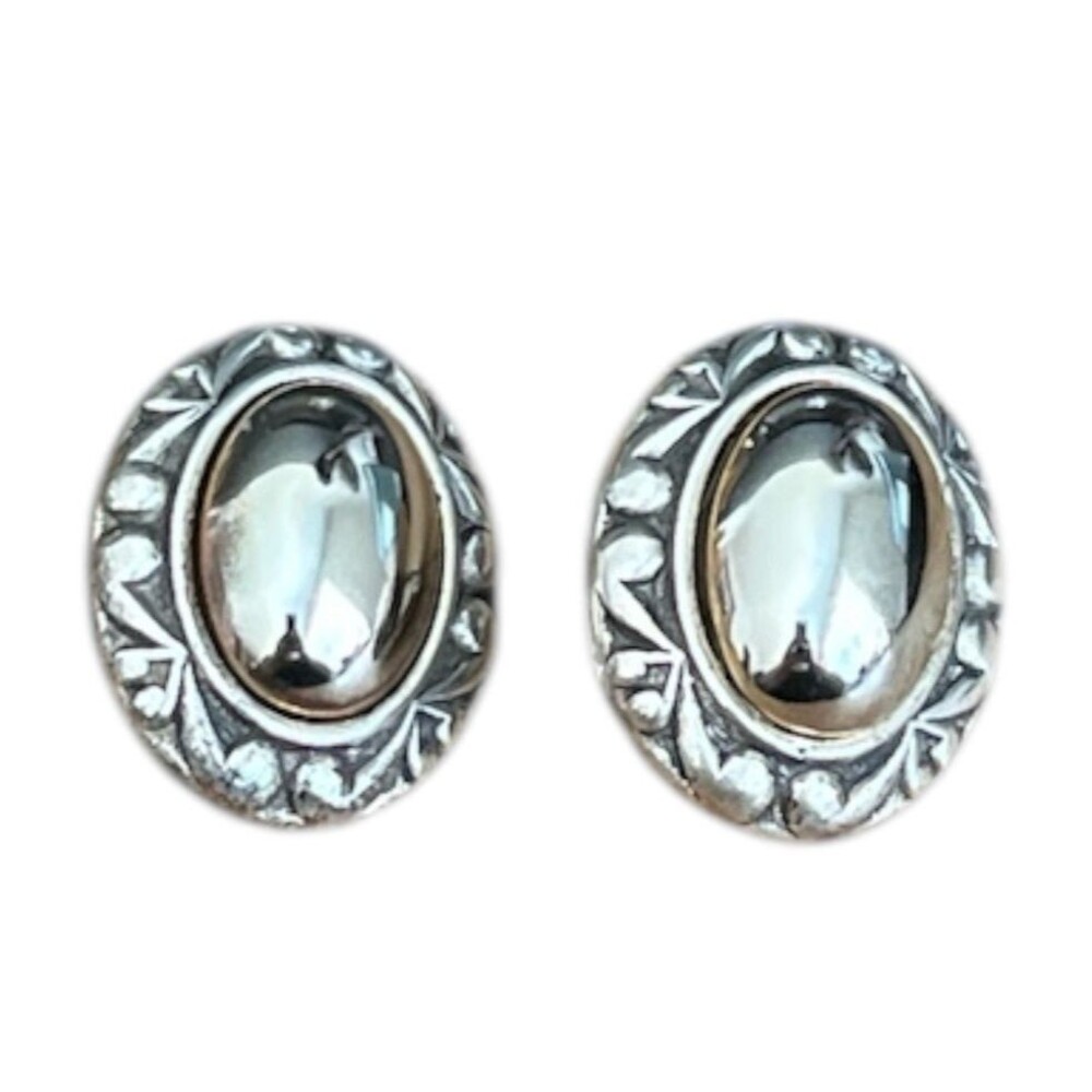 Silver Tone Earrings Clip On Ornate 1-1/2"